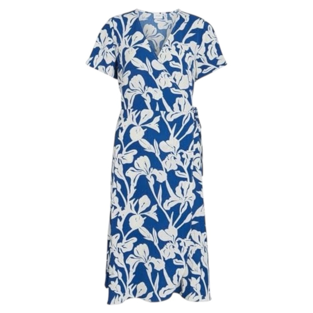 Women's (EU 34) XS Blue White Floral Vacation Midi Flowy Tropical Wrap Dress